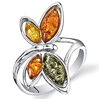 Genuine Baltic Amber Dragonfly Ring for Women 925 Sterling Silver, Rich Cognac, Olive Green, Honey Yellow Colors Sizes 5 to 9