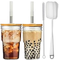 ALINK Glass Cups with Lids and Straws, 16 oz Mason Jar Drinking Glasses Tumbler, Silicone Tips, Brush, Reusable Iced Coffee Cups, Boba Tea Smoothie Cups - 2 White
