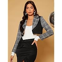 Women's Jackets Jackets for Women Notched Collar Plaid Tweed Overcoat Jacket (Color : Black, Size : X-Small)