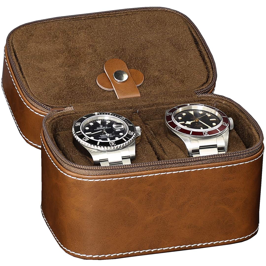 Gift Set 10 Slot Leather Watch Box with Valet Drawer & Matching 2 Watch Travel Case - Luxury Watch Case Display Organizer, Locking Mens Jewelry Watches Holder, Men's Storage Boxes Glass Top Tan/Brown