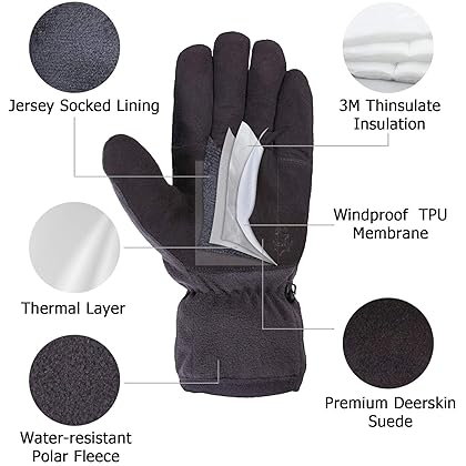 SKYDEER Winter Gloves with Premium Genuine Deerskin Suede Leather and Windproof Polar Fleece (Unisex SD8661T/L, Warm 3M Thinsulate Insulation)