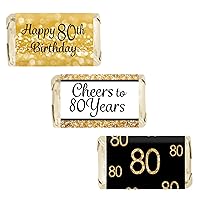 80th Birthday Party Mini Candy Bar Wrappers - Black and Gold - 45 Stickers