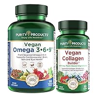 Bundle - Vegan Omega 3-6-9 (180 ct)+ Vegan Collagen Builder Omega 3-6-9 (“5 in 1” Plant-Based Omega Essential Fatty Acid) - Vegan Collagen Builder (w/Key Plant-Based Ingredients)