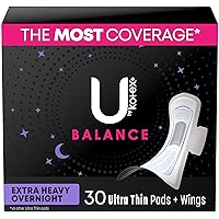 U by Kotex Balance Ultra Thin Overnight Pads with Wings, Extra Heavy Absorbency, 30 Count