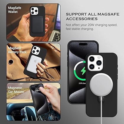 YINLAI Case for iPhone 15 Pro Max 6.7-Inch, Magnetic [Compatible with Magsafe] with 0-150° Ring Holder Invisible Kickstand Slim Liquid Silicone Men Women Shockproof Protective Phone Cover, Black