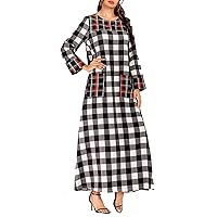Flygo Women's Round Neck Splicing Plaid Long Sleeve Maxi Long Dress with Pockets