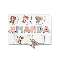 Busy Board with Letters and Animals, Early Learning Game Montessori Wooden Toys, Personalized Name Jigsaw Puzzle