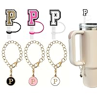 （3 +3) 3PCS Nuozme Straw Cover 10mm For Stanley Tumbler Cup Reusable Straw Cap Topper with 3 Initial Letter Charms Accessories Name ID Personalized Handle Charm For Stanley 30&40 Oz Cup Tumbler(P)