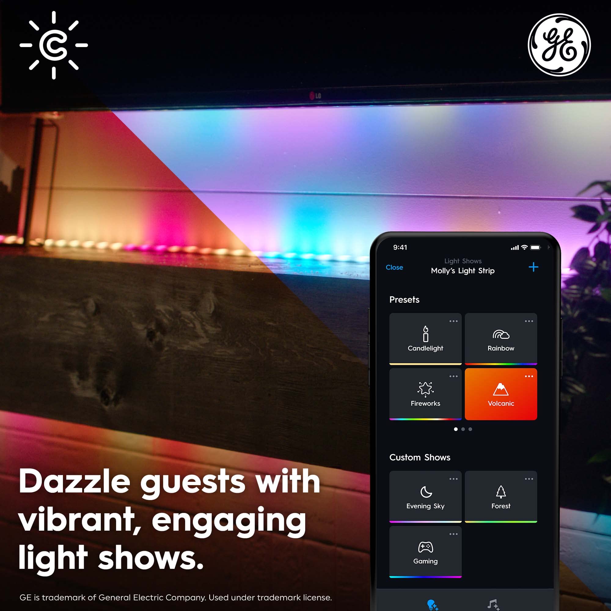 GE CYNC Dynamic Effects Smart LED Outdoor Light Strip, Color Changing, Waterproof, Bluetooth and Wi-Fi Enabled, 16 Foot