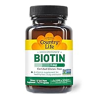 Country Life Biotin High Potency, 5mg, 120 Count, Certified Gluten Free, Certified Vegan, Verified Non GMO