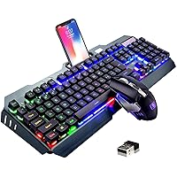 Wireless Gaming Keyboard and Mouse Set, 2.4G Rechargeable 3800mAh Large Capacity, Rainbow LED Backlit Mechanical Feel Gaming Keyboard with Smart Sleep+2400DPI 7 Colors Breathing Backlit Mouse -Black