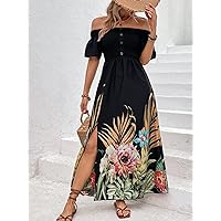 Dresses for Women Women's Dress Tropical Print Off Shoulder Split Thigh Dress Dress (Color : Black, Size : Small)