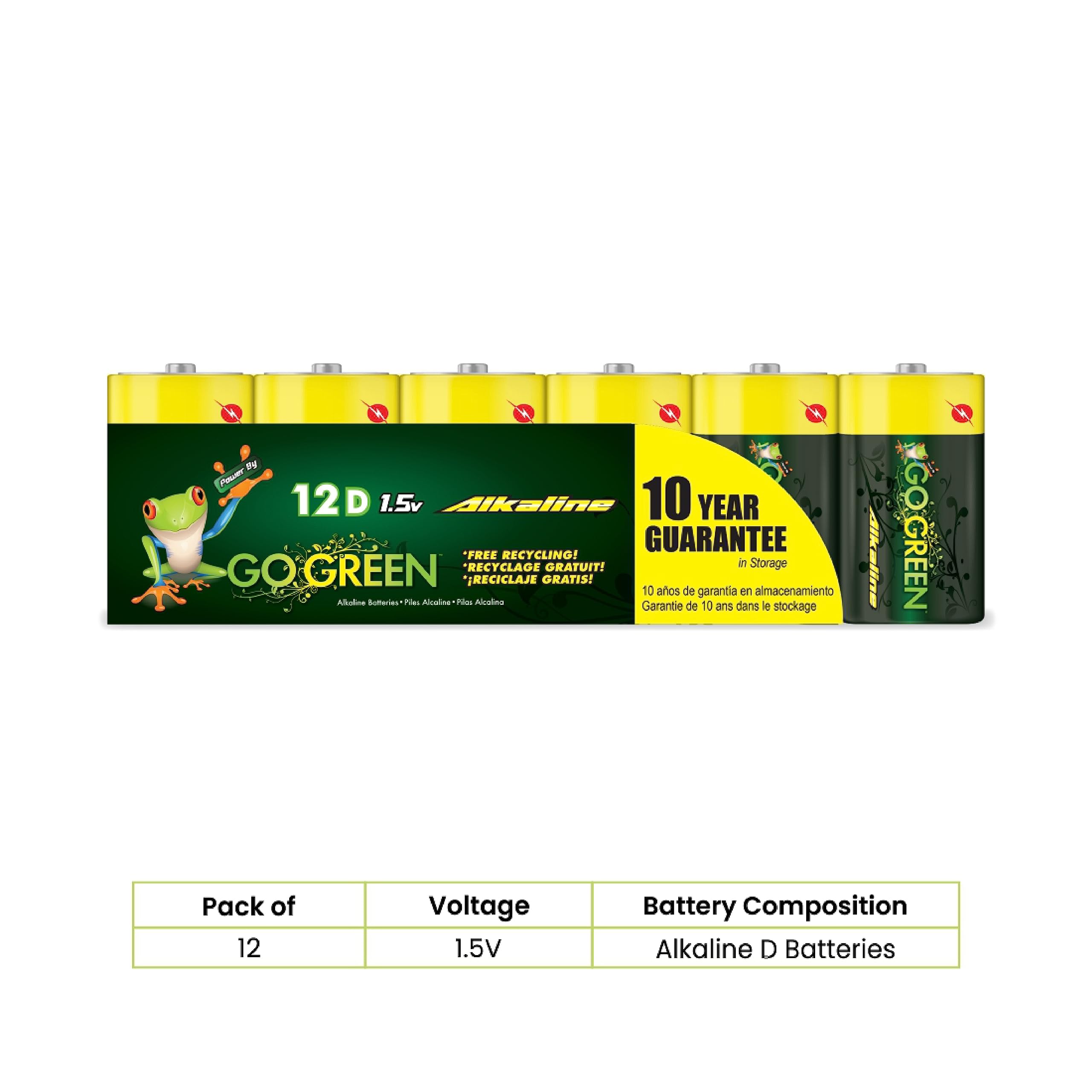 GoGreen Power (24014) Eco Friendly Alkaline D Batteries - No Lead, Cadmium or Mercury - Pack of 12
