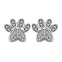 14K White Gold Plated 0.20 Ct Round Cut Cz Paw Print Stud Earrings for Women Best Gifts for Dog Lovers