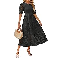 ZESICA Women's 2024 Summer Short Puff Sleeve Crewneck Smocked Floral Lace Flowy A Line Tiered Maxi Dresses