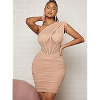 Women's Dress Tied One Shoulder Corset Panel See-Through Mesh Ruched Mini Dress Women's dressEVEBABY (Color : Apricot, Size : X-Large)