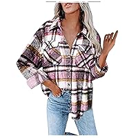 Women's Flannel Plaid Shacket Long Sleeve Button Down Chest Pocketed Shirts Jacket Coats