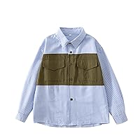 Boys Button Down Shirt Patchwork Casual Vertical Striped Shirt Cotton Casual Long Sleeve Lapel Trendy Hundred Top