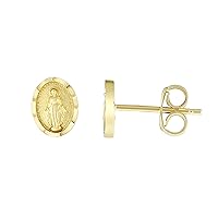 14kt Gold Yellow Finish 7.5x6mm Diamond Cut Oval Post Religious Earring with Push Back Clasp