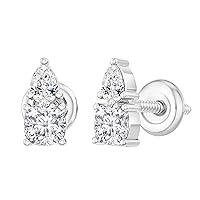 925 Sterling Silver 2 Stone Stud Earrings for Her with 0.50 ctw, Cushion (0.35 ct) & Pear (0.15 ct) Lab-Grown White Diamond or Cubic Zirconia