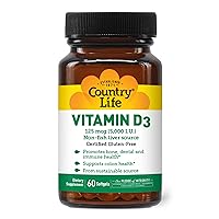 Country Life, Vitamin D3 5000 IU, Supports Healthy Bones, Teeth and Immune System, Daily Supplement, 60 ct
