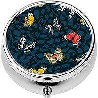 Mini Portable Pill Case Box for Purse Vitamin Medicine Metal Small Cute Travel Pill Organizer Container Holder Pocket Pharmacy Beautiful and Colorful Butterflies Flying Animal Leopard Skin Design