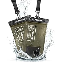 Pelican 2 Pack Marine - IP68 Waterproof Phone Pouch / Case (Regular Size) - Floating Waterproof Phone Case for iPhone 15 Pro Max / 14 Pro Max / 13 Pro Max / 12 / S24 - Detachable Lanyard - OD Green