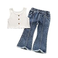 FEESHOW Little Girls Jeans 2Pcs Outifits Sleeveless Crop Top and Elastic Waist Wide Leg Denim Pants Sets Casual Clothing