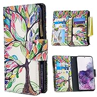 XYX Wallet Case for Samsung Galaxy A21, Colorful PU Leather Flip Zipper Purse 9 Card Slots Phone Case with Wrist Strap, Life Tree