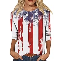 2024 Three Quarter Sleeve Shirt Women's Trendy Round Neck Blouse Daily Independence Day Print Tunic Loose Tshirt