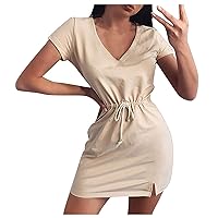 Women's Dress Solid Color Beach V-Neck Glamorous Swing Casual Loose-Fitting Summer Flowy Short Sleeve Knee Length
