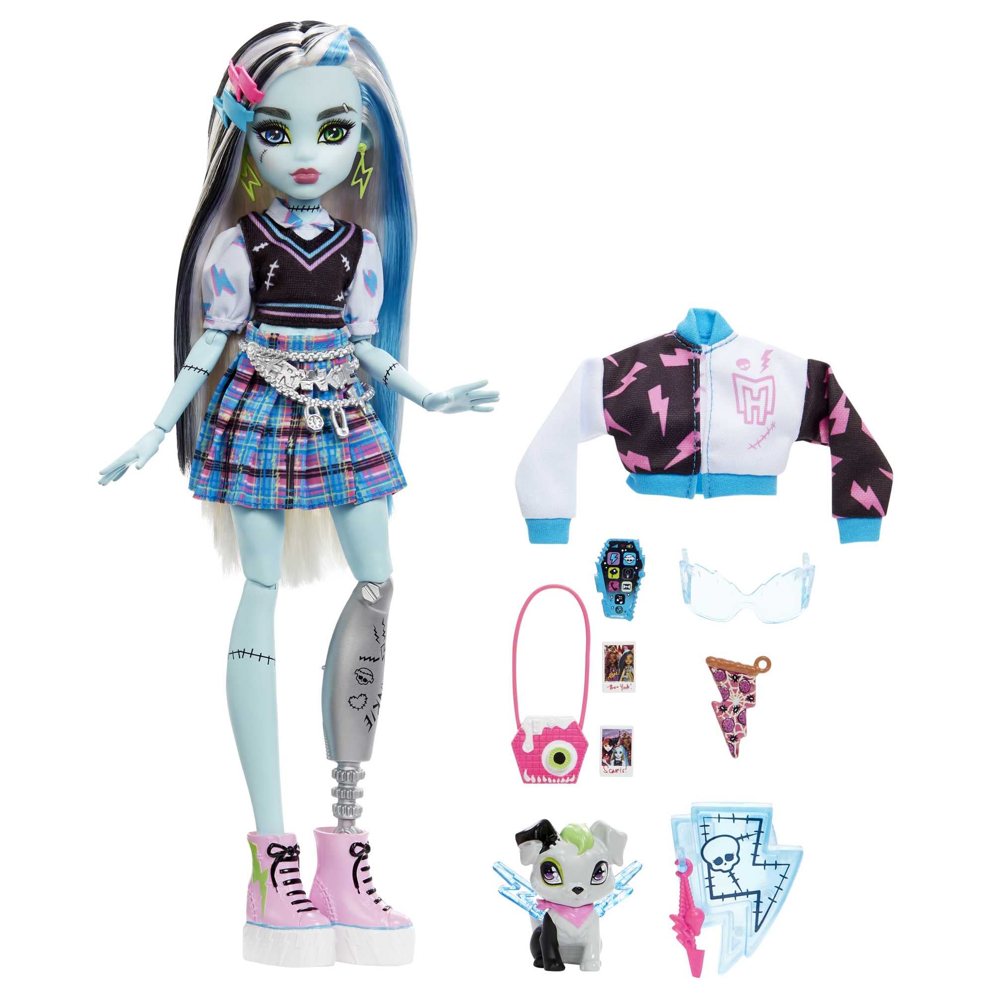 Monster High Frankie Stein Fashion Doll with Blue & Black Streaked Hair, Signature Look, Accessories & Pet