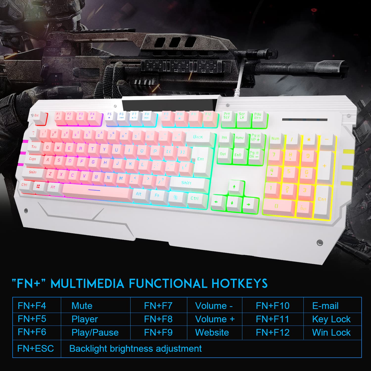 Pink Keybaord USB Gaming Keyboards and Mouse Combo, GT817 104 Key Rainbow Backlit Keyboard and Mouse Set, Computer Keyboard USB Wired Mouse for Windows PC Gamers (White & Pink)