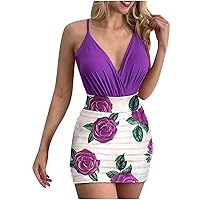 Summer Sexy 2 Piece Outfit for Women Wrap V Neck Sleeve Strap Bodysuit and Tropical Floral Print Mini Skirt Set