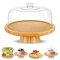 Bamboo Cake Stand with Dome Multi Function 6 in 1 Cake Holder Serving Platter, (12