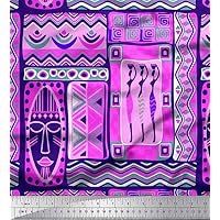 Soimoi Crepe Silk Purple Fabric - by The Yard - 42 Inch Wide - Human & Mask African Textile - Tribal Fusion with Cultural Symbolism for Creative Endeavors Printed Fabric