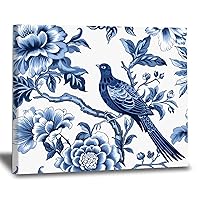 WoGuangis Blue Indigo Floral and Bird Canvas Print Artworks Navy Blue Chinoiserie Peony Flower Painting Artworks Chinoiserie Chic Wall Decor Hanging Poster for Bathroom Home Decor 8x10in