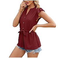 Womens Eyelet Tank Tops Summer V Neck Tunic Ruffle Short Sleeve T Shirts Loose Fit Casual Cute Blouses with Belt