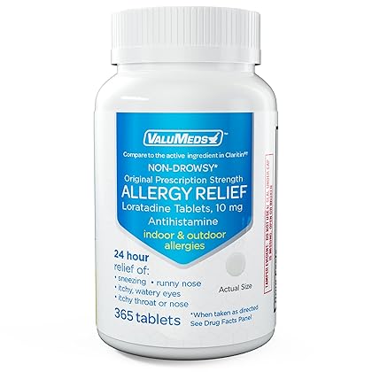 ValuMeds Loratadine 10mg Non-Drowsy 24-Hour Allergy Relief | Antihistamine Alergy/Sinus Support Pills for Runny Nose, Sneezing, Itchy, Watery Eyes | 365 Count Bottle