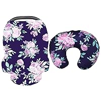 Nursing Pillow Cover & Carseat Cover Set, Purple Floral Breastfeeding Pillow Slipcover & Car Seat Canopies for Baby Boys & Girls, Nursing Pillow Case & Stroller Covers for Newborn, Soft Fabri