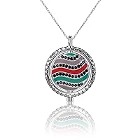 talia Rhodium Plated Sterling Silver Green Enamel with Black and White Diamond Cut CZ Rotating 2 Charm Pendant Necklace on 20 to 32 Inch Chain