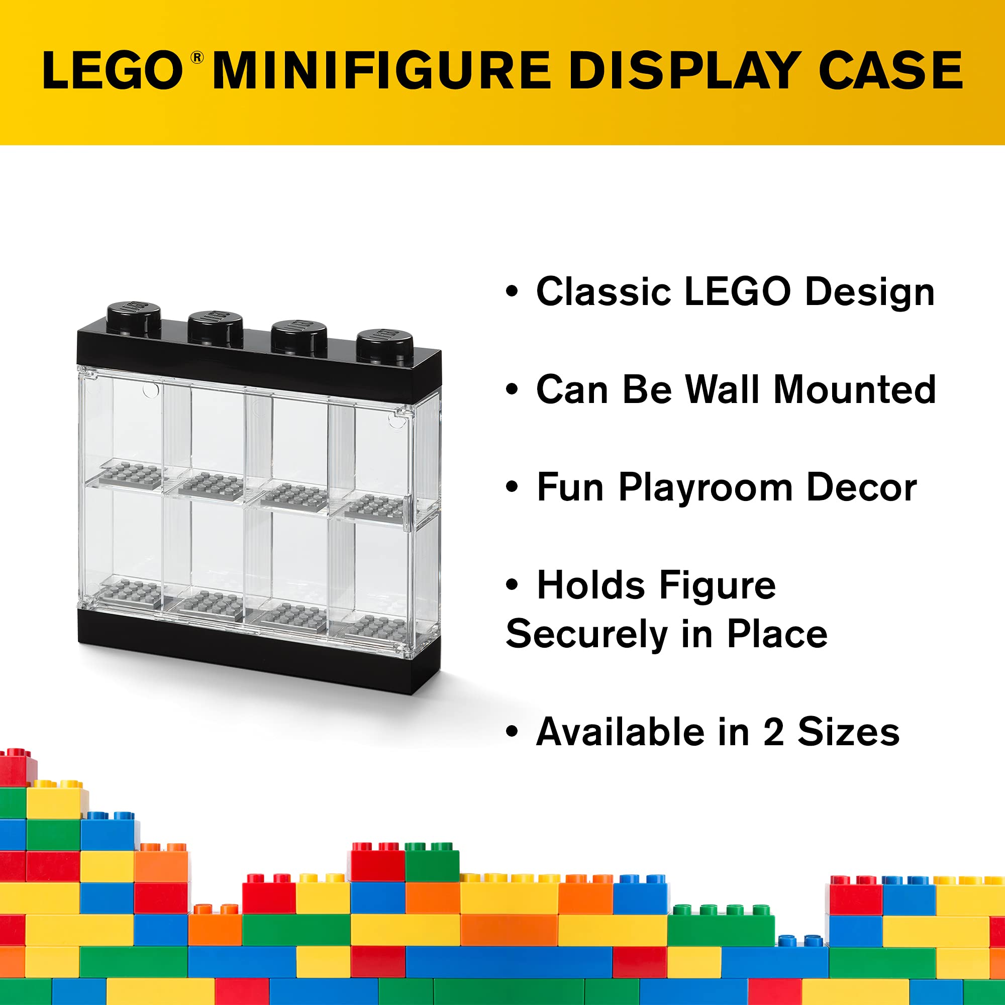 Room Copenhagen, LEGO Minifigure Display Case - Stackable Storage Container for Desktop or Wall Mounting Collectible Figurines - 7.52 x 7.24in - 4 Stud, Black - Holds 8 Standard Brick People
