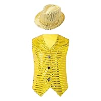 ACSUSS Kids Boys Dance Hip-hop Jazz Disco Costume Sequins Jacket Vest Waistcoat and Hat Children's Day Halloween Cosplay