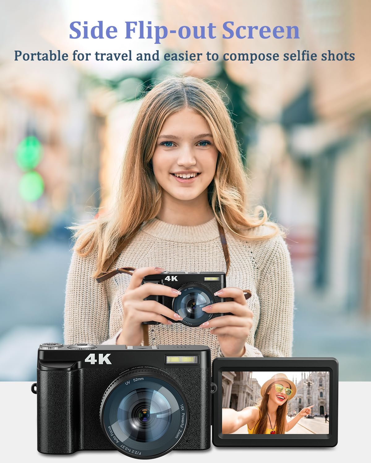 4K Digital Camera with Flash & Selfie, 48MP Camera for Photography with Autofocus 16X Zoom, Anti-Shake Vlogging Camera Compact Travel Digital Cameras with Flip Screen, 32 GB SD Card, Two Batteries