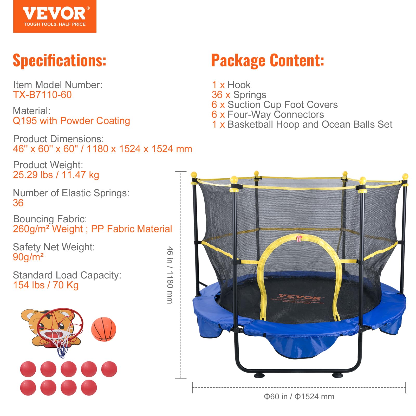 VEVOR 5FT Trampoline for Kids, 60