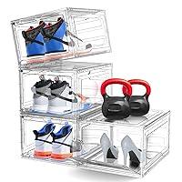 4 Pack Shoe Storage Box, Stackable Shoe Organizer, Space Saving Shoe Boxes Clear Plastic Stackable, Display Sneaker Storage Container Bin Holder, Larger and sturdier Up to Size 13