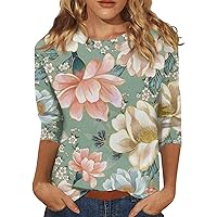Summer Tops with 3/4 Sleeves for Women Crewneck Cute Shirts Casual Trendy Print Blouses Three Quarter Length Tshirt