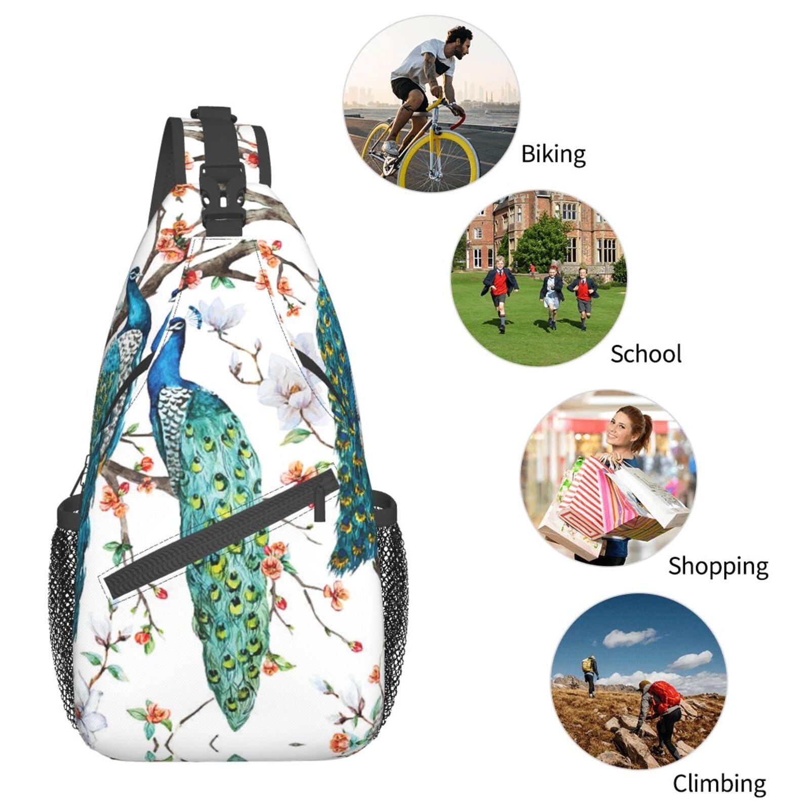 MQGMZ Sling Backpack,Travel Hiking Daypack Beautiful Peacock Flowers Print Rope Crossbody Shoulder Bag
