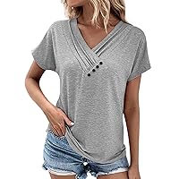 Womens Tops Summer Short Sleeve Button Down Pleated V Neck Shirts Trendy Casual Solid Color Basic Tee Tunic Blouses