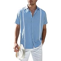 Men's Summer Casual Embroidered Cuban Guayabera Linen Shirts for Men Short Sleeve Button Down Cotton Beach Tops